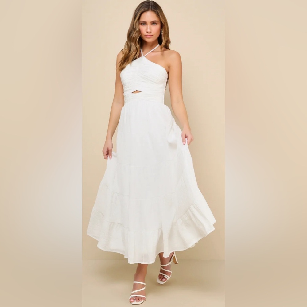Effortless Sweetness White Ruched Lace-Up Tiered Midi Dress